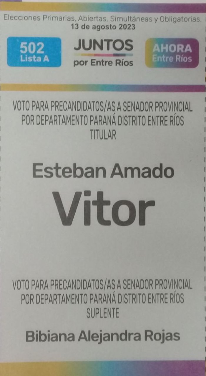 Lista 502A, Juntos por Entre R&iacute;os, encabezada por Esteban Amado Vitor.