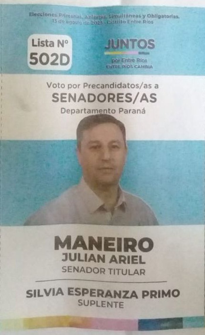 Lista 502D, Juntos por Entre R&iacute;os, encabezada por Juli&aacute;n Ariel Maneiro.