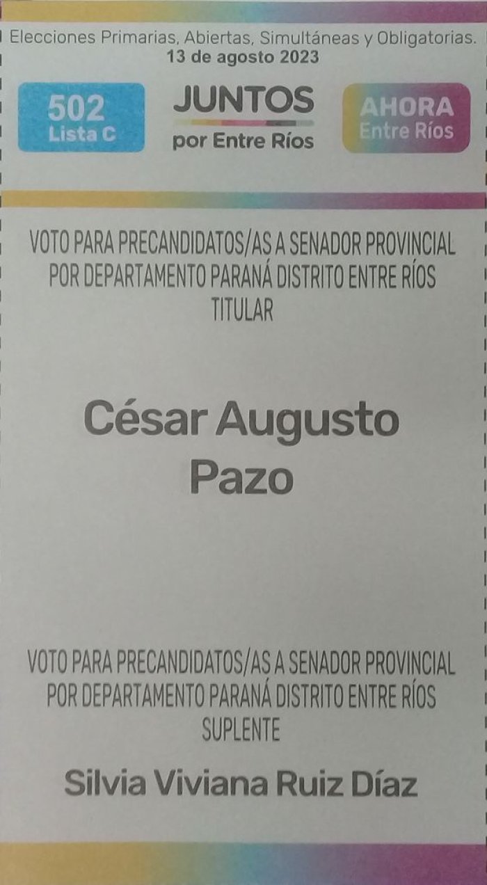 Lista 502C, Juntos por Entre R&iacute;os, encabezada por C&eacute;sar Augusto Pazo.