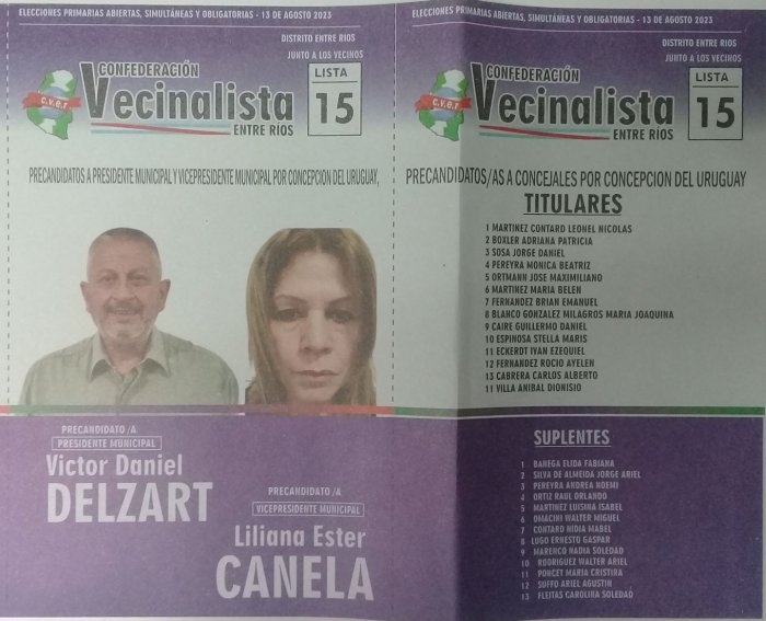 Lista 15: Confederaci&oacute;n Vecinalista Entre R&iacute;os - V&iacute;ctor Daniel Delzart.