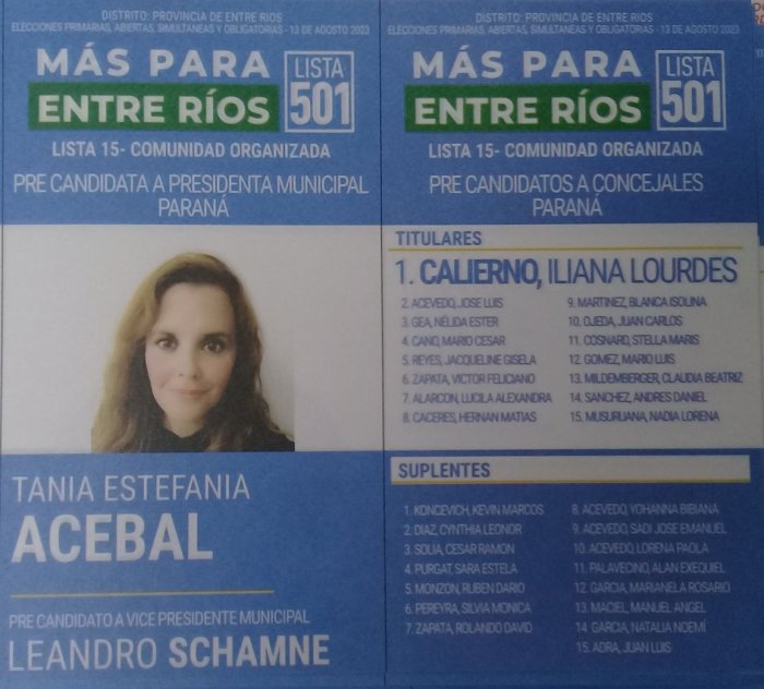 Lista 501: M&aacute;s Para Entre R&iacute;os - Tania Estefan&iacute;a Acebal.