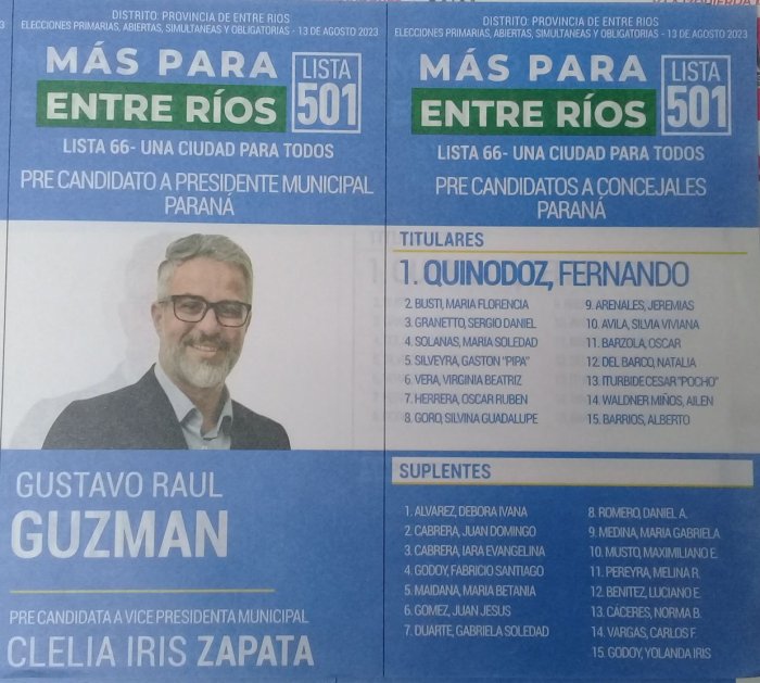 Lista 501: M&aacute;s Para Entre R&iacute;os - Gustavo Ra&uacute;l Guzman.