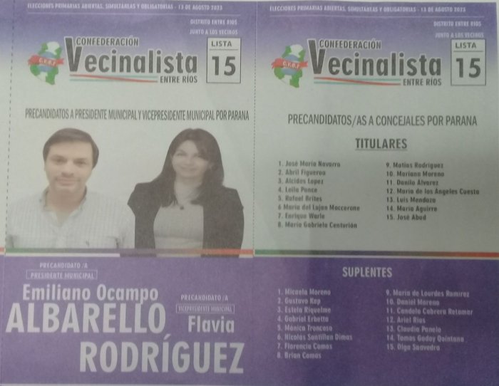 Lista 15: Confederaci&oacute;n Vecinalista Entre R&iacute;os - Emiliano Ocampo Albarello.