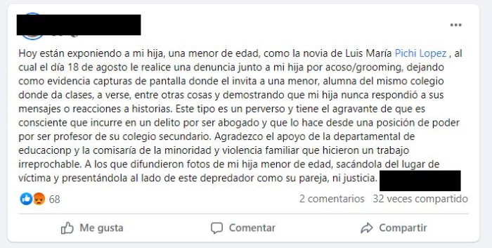 El posteo en redes, denunciando a Luis "Pichi" L&oacute;pez.