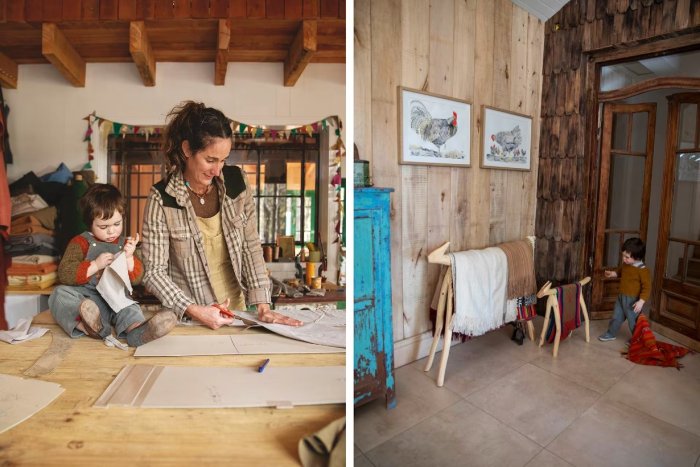 Separado de la casa, funciona el taller de Las Colifas, la marca de ropa creada por Josefina junto con dos socias. El acceso al living ya deja ver el mix de revestimientos y la ambientaci&oacute;n con obra de artistas locales.
