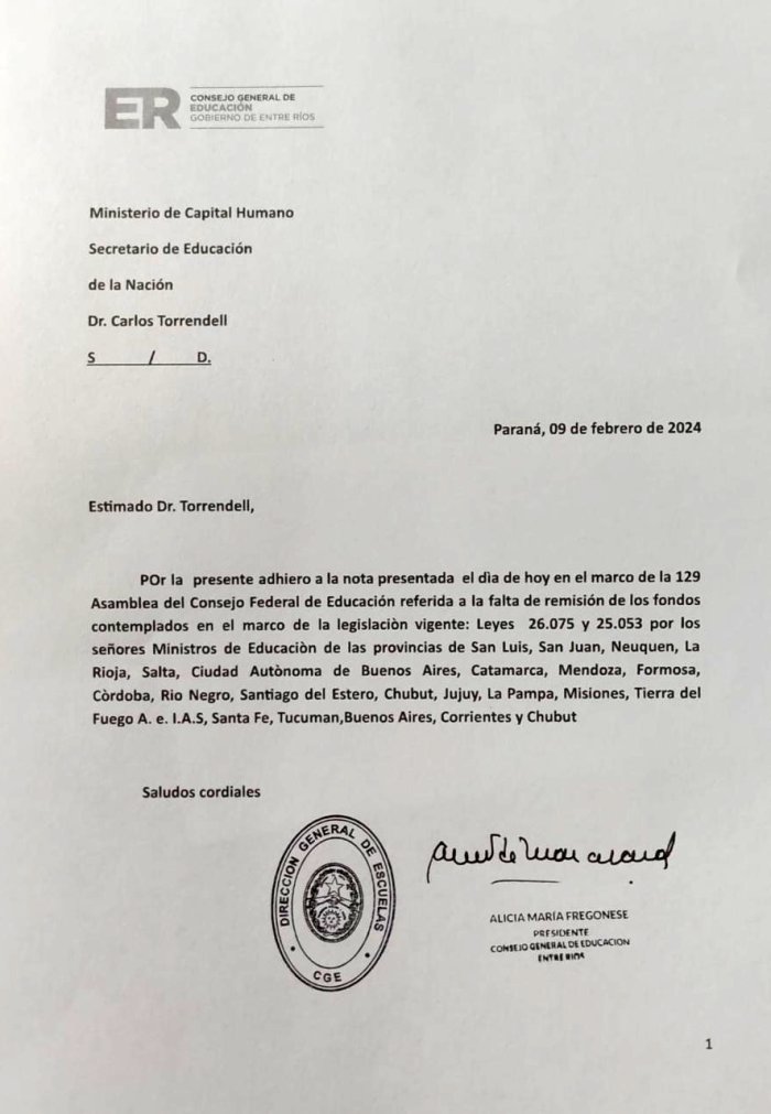 La carta en la que la titular del CGE adhiere al planteo de sus pares.