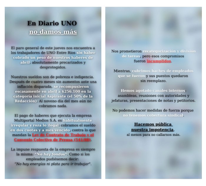 El comunicado que hicieron los trabajadores del medio a fin de visibilizar sus problemas.