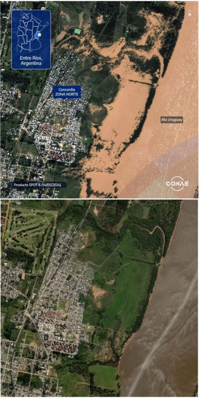 Otra comparaci&oacute;n de cuando el r&iacute;o avanza sobre la costa norte de Concordia.