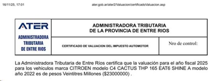 Valuaci&oacute;n extra&iacute;da de la web ATER, link   https://www.ater.gob.ar/ater2/Valuacion/ValuacionVehicular.asp