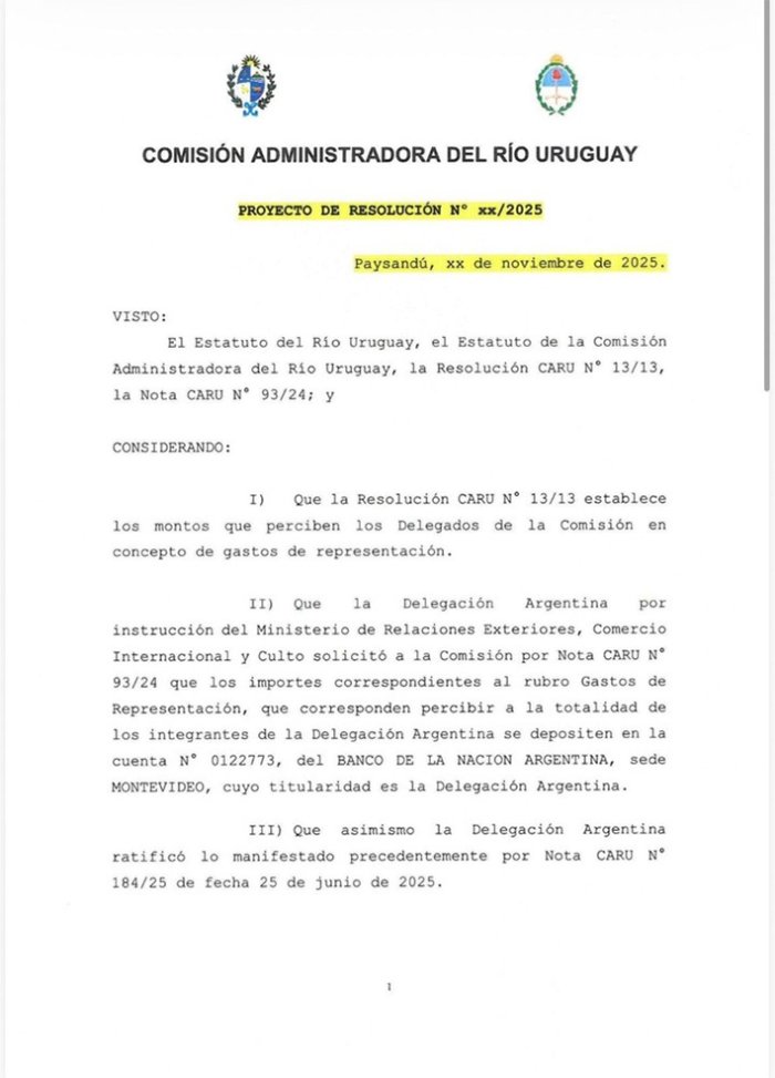 Una de las notas de la Comisi&oacute;n Administradora del R&iacute;o Uruguay (CARU) sobre los pedidos de los delegados argentinos a los uruguayos.
