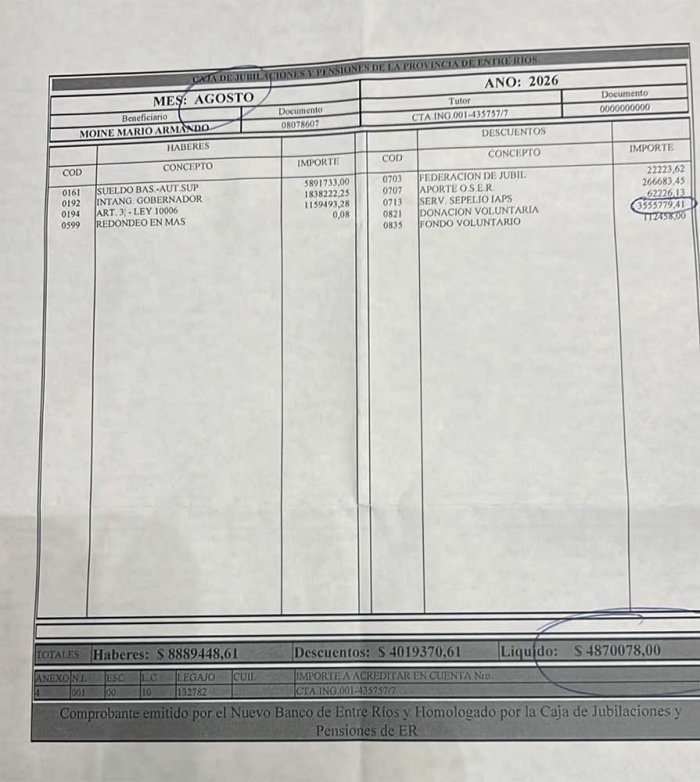 El recibo de Moine; con descuentos y donaciones, cobra 4,8 millones de pesos.