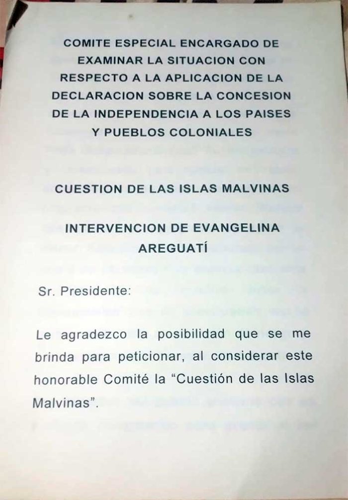 La p&aacute;gina inicial del discurso de Evangelina Areguat&iacute; en la ONU