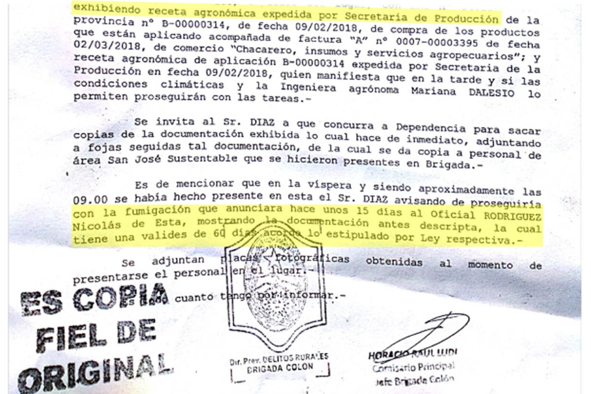 El acta policial que respalda la fumigaci&oacute;n