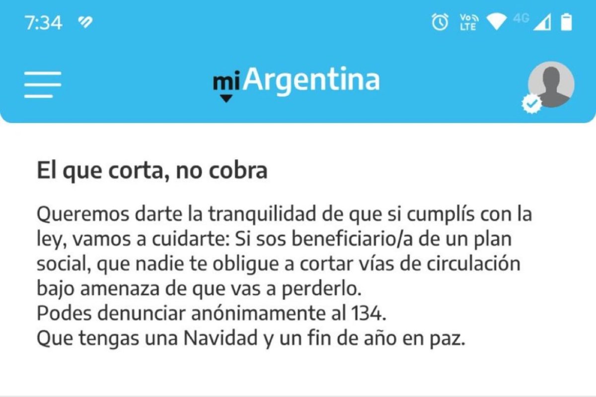 El mensaje que aparece a usuarios de Mi Arg.